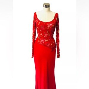Stunning Red Floral Sequin & Beaded Long Satin Dress Formal Gown 6